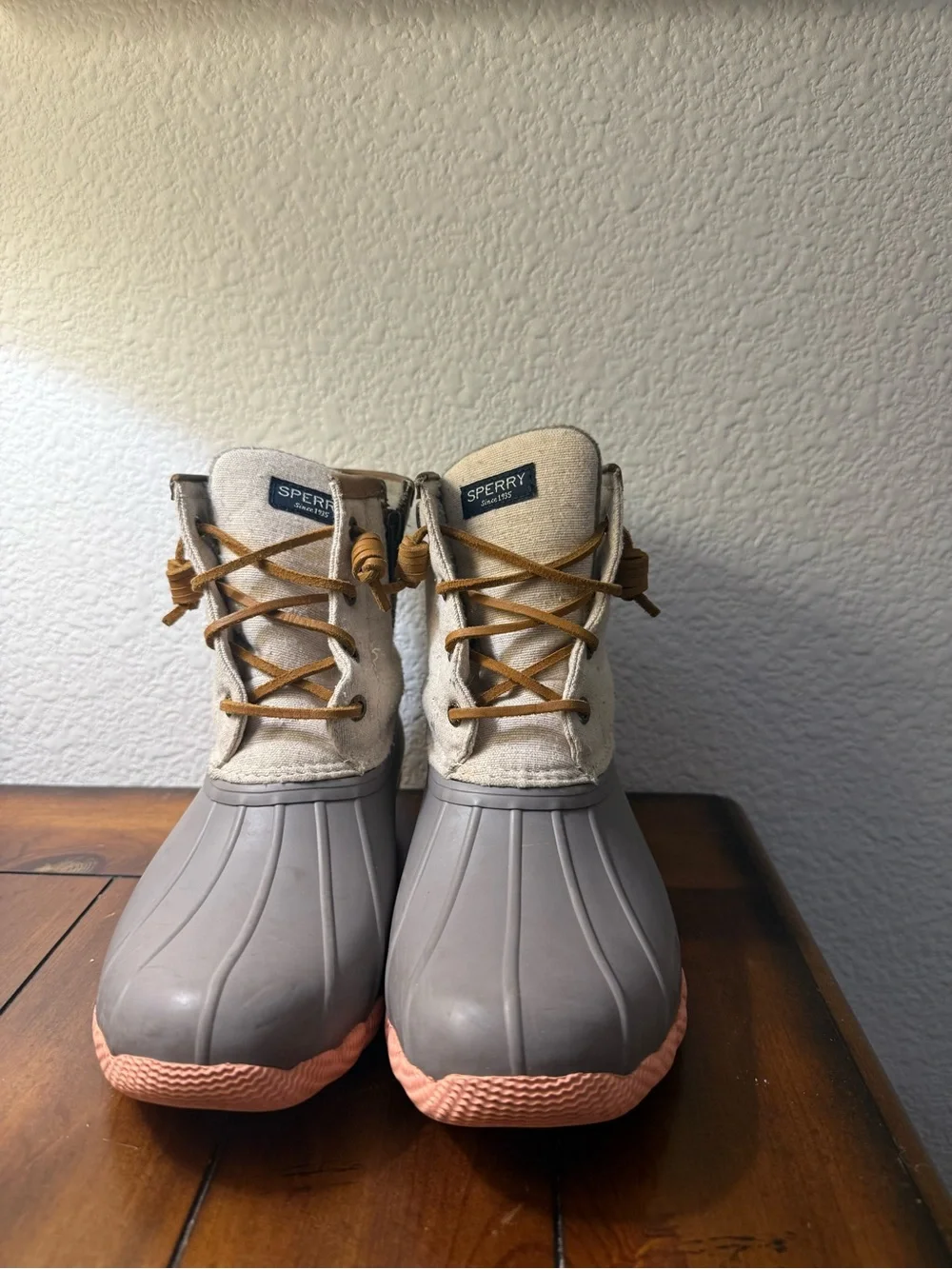 Sperry Waterproof Duck Boots in Gray and Pink